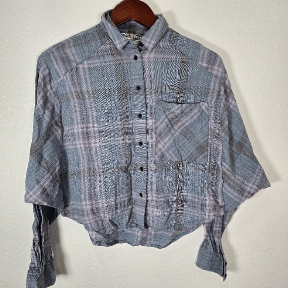 Free People Cutie Metallic Plaid Blue Dolman Cropped Button Down Boho‎ Chic XS - Picture 2 of 10